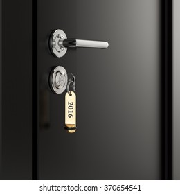 Brown Hotel Room Door With Key In The Lock With Golden Lable Number 2016 New Year Concept