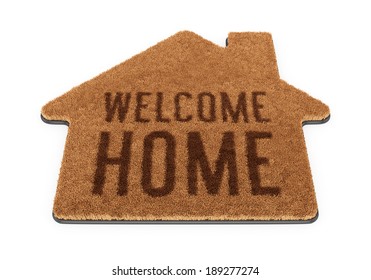 Brown house shape coir doormat with text Welcome Home isolated on white background