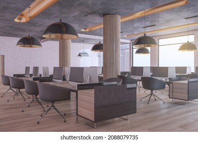 Brown Industrial Coworking Loft Office Interior With Furniture, Computer Monitors, Wooden, Flooring And Window With City View And Daylight. Workplace And No People Concept. 3D Rendering