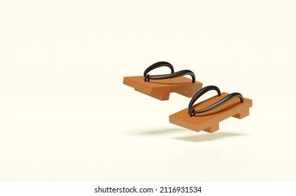 Brown japanese wooden shoes isolated on cream color background. concept 3d illustration, 3d render