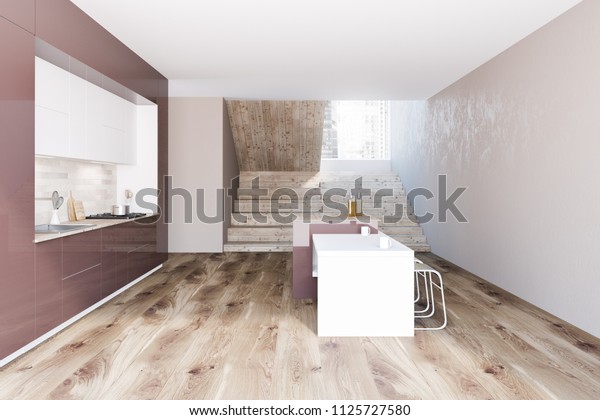Brown Kitchen Countertops White Wall Room Interiors Stock Image