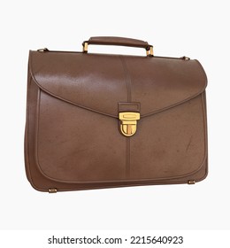 Brown Leather Businessman Briefcase With Lock, Business Bag Suitcase with Strap And Brass Buckle, Briefcase for Documents, Management Or Professional 3D Illustration