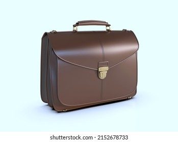 Brown Leather Businessman Briefcase With Lock on Light Background With Shadow, Business Bag Suitcase with Strap And Brass Buckle, Briefcase for Documents, Management Or Professional 3D Illustration