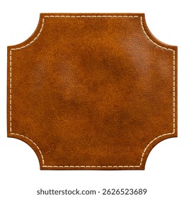 Brown Leather Patch with Curved Corner Cuts and Stitching in 3D render isolated white background. 3d illustration