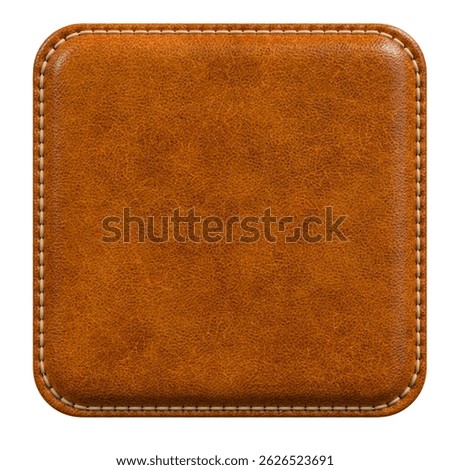Brown Leather Square Patch with Rounded Corners and Stitching in 3D render isolated white background. 3d illustration