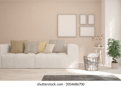 Brown living room with sofa. Scandinavian interior design. 3D illustration - Shutterstock ID 2054686700