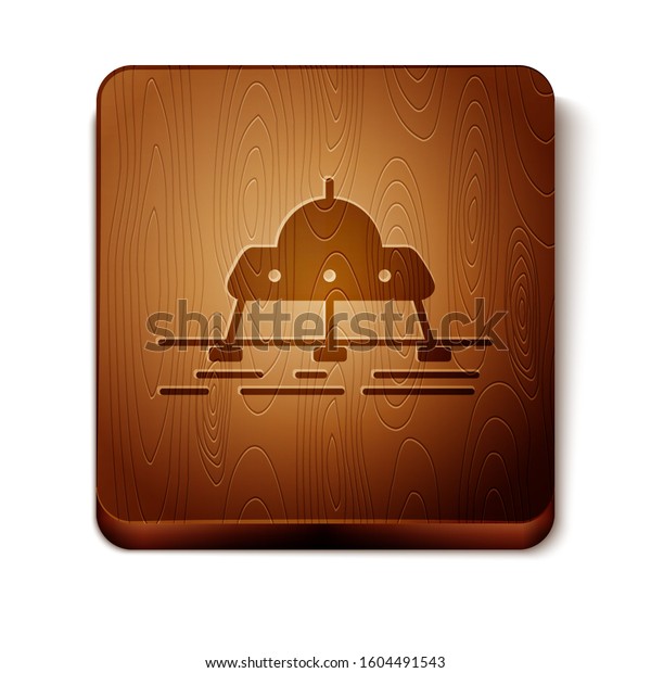 Brown Mars rover icon isolated on white
background. Space rover. Moonwalker sign. Apparatus for studying
planets surface. Wooden square button.
