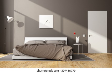 Brown Modern Bedroom With White Double Bed And Closed Door - 3D Rendering