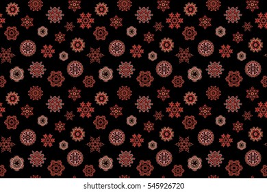 Brown, Orange And Red And Black Simple Seamless Christmas Pattern - Varied Xmas Snowflakes With Dots. Happy New Year Winter Background. Design For Textile, Wallpaper, Fabric, Wrapping Paper.