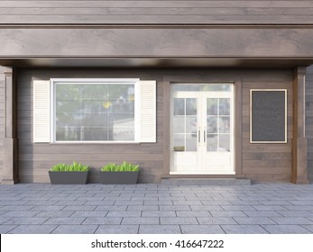 Brown Plank Cafe Exterior With Blank Chalkboard. 3D Rendering