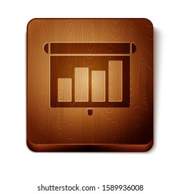 Brown Presentation Financial Business Board With Graph, Schedule, Chart, Diagram, Infographic, Pie Graph Icon Isolated On White Background. Wooden Square Button. 