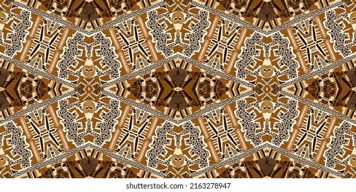 Brown safari animal print patchwork seamless border pattern. Natural quilt clash damask style in brown printed fabric ribbon trim. Modern tribal abstract africa inspired edging background