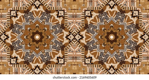 Brown safari animal print patchwork seamless border pattern. Natural quilt clash damask style in brown printed fabric ribbon trim. Modern tribal abstract africa inspired edging background