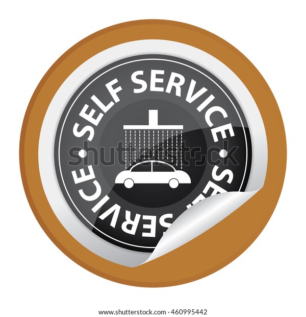 Brown Self Service\
Car Wash Sign Infographics Icon on Circle Peeling Sticker Isolated\
on White Background\
