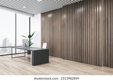 Brown slatted wooden blank wall with space for advertising poster or picture frame in stylish office with city view from panoramic window and furniture on parquet floor. 3D rendering, mock up