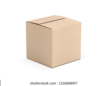 Brown Square Cardboard Box Mock Up Isolated On White, 3d Rendering