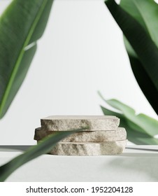 Brown Stone Product Display Podium With Nature Leaves. 3D Rendering	