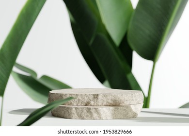 Brown Stone Product Display Podium With Nature Leaves. 3D Rendering	
