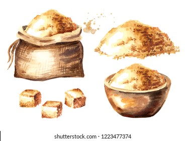 Brown Sugar Set. Watercolor Hand Drawn Illustration Isolated On White Background