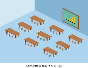 Brown Table And Chair With Green Blackboard And Sell Chart In Blue Meeting Room Isometric.