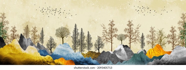 Brown trees with golden flowers and turquoise, black and gray mountains in light yellow background with white clouds and birds.
3d illustration wallpaper landscape art	