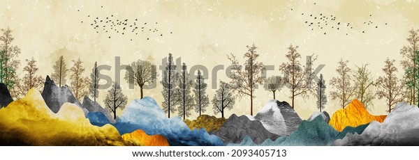 Brown trees with golden flowers, orange, and turquoise, black and gray mountains in light yellow background with white clouds and birds.3d illustration wallpaper landscape art.