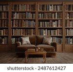 Brown velvet sofa in old library or house.3d rendering