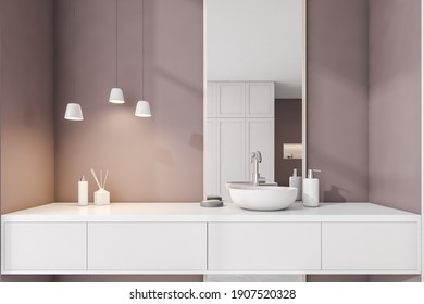 Brown And White Bathroom With Sink, Mirror Front View. Minimalist Design Of Modern Bathroom. 3D Rendering, No People