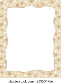 Brown And White Paw Print Seamless Pattern Border / Frame On Light Brown Background