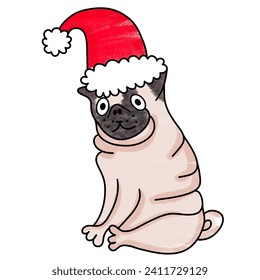 A brown and white pug dog wearing a red Santa hat is sitting on a gray background. The dog is looking at the camera with a happy expression.  - Powered by Shutterstock