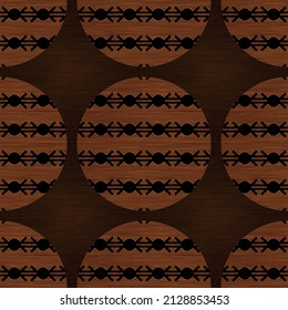 Brown Wood Effect Decorative Inlay Texture. Seamless Engraved Oriental Hardwood Style Pattern. Ornamental Grain All Over Print For Elegant Woodwork Circle Motif Backdrop. 