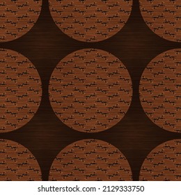 Brown Wood Effect Decorative Inlay Texture. Seamless Engraved Oriental Hardwood Style Pattern. Ornamental Grain All Over Print For Elegant Woodwork Circle Motif Backdrop. 