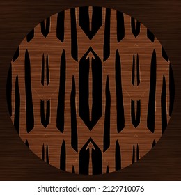 Brown Wood Effect Decorative Inlay Texture. Seamless Engraved Oriental Hardwood Style Pattern. Ornamental Grain All Over Print For Elegant Woodwork Circle Motif Backdrop. 