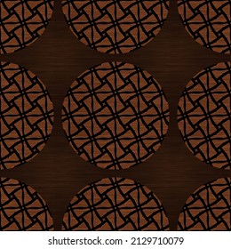 Brown Wood Effect Decorative Inlay Texture. Seamless Engraved Oriental Hardwood Style Pattern. Ornamental Grain All Over Print For Elegant Woodwork Circle Motif Backdrop. 