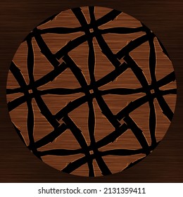 Brown Wood Effect Decorative Inlay Texture. Seamless Engraved Oriental Hardwood Style Pattern. Ornamental Grain All Over Print For Elegant Woodwork Circle Motif Backdrop. 