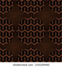 Brown Wood Effect Decorative Inlay Texture. Seamless Engraved Oriental Hardwood Style Pattern. Ornamental Grain All Over Print For Elegant Woodwork Circle Motif Backdrop. 