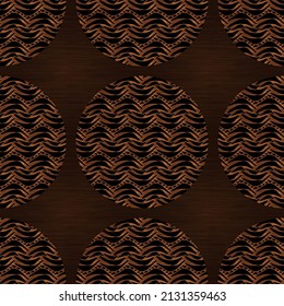 Brown Wood Effect Decorative Inlay Texture. Seamless Engraved Oriental Hardwood Style Pattern. Ornamental Grain All Over Print For Elegant Woodwork Circle Motif Backdrop. 