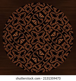 Brown Wood Effect Decorative Inlay Texture. Seamless Engraved Oriental Hardwood Style Pattern. Ornamental Grain All Over Print For Elegant Woodwork Circle Motif Backdrop. 