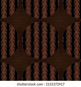 Brown Wood Effect Decorative Inlay Texture. Seamless Engraved Oriental Hardwood Style Pattern. Ornamental Grain All Over Print For Elegant Woodwork Circle Motif Backdrop. 