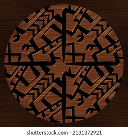 Brown Wood Effect Decorative Inlay Texture. Seamless Engraved Oriental Hardwood Style Pattern. Ornamental Grain All Over Print For Elegant Woodwork Circle Motif Backdrop. 