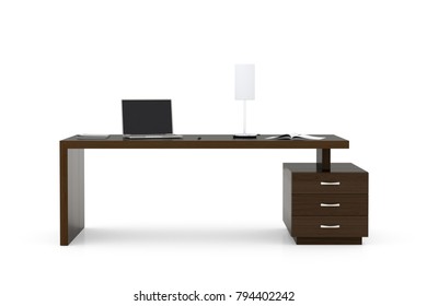 Brown Wood Office Desk Workspace Isolated. 3d Illustration.