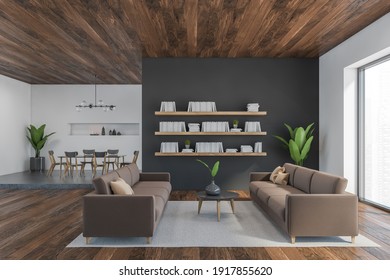 Brown And Wooden Living Room With Brown Sofa And Coffee Table With Plant, Shelf On The Wall With Book. Brown Open Space Living Room With Dining Table, 3D Rendering No People 