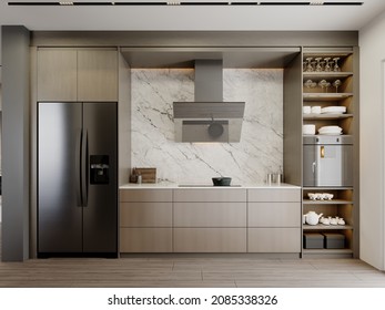 Brown-and-beige Kitchen With Large Black Refrigerator And Extractor Hood With Oven On A White Marble Wall Background. 3d Rendering.