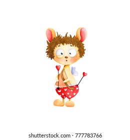 Brown-haired puzzled-looking cupid in red pants holding a bow and an arrow on a white background