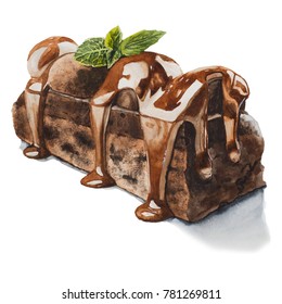 Brownies, chocolate cake. Watercolor food illustration.