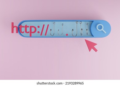 Browser Search Bar Showing An URL Address Made Of Fishing Hooks. 3D Illustration Of Web Domain Spoofing And Email Phishing