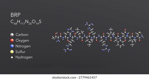 brp molecule 3d rendering, flat molecular structure with chemical formula and atoms color coding