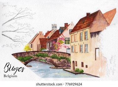 Bruges In Belgium Sketch Watercolour Scenic City View With Bridges, Streetlight And Beautiful Medieval Houses, Belgium Landscape. 