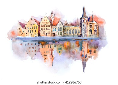 Bruges cityscape watercolor drawing, Belgium. Brugge canal aquarelle painting