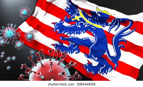 Bruges and covid pandemic - virus attacking a city flag of Bruges as a symbol of a fight and struggle with the virus pandemic in this city, 3d illustration